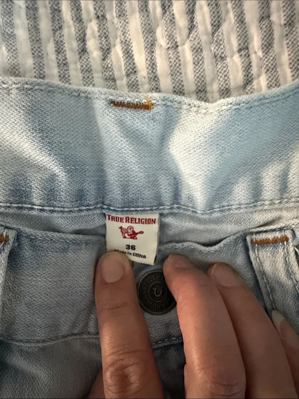 True Religion Light Blue Distressed Bleach-Effect Denim Shorts